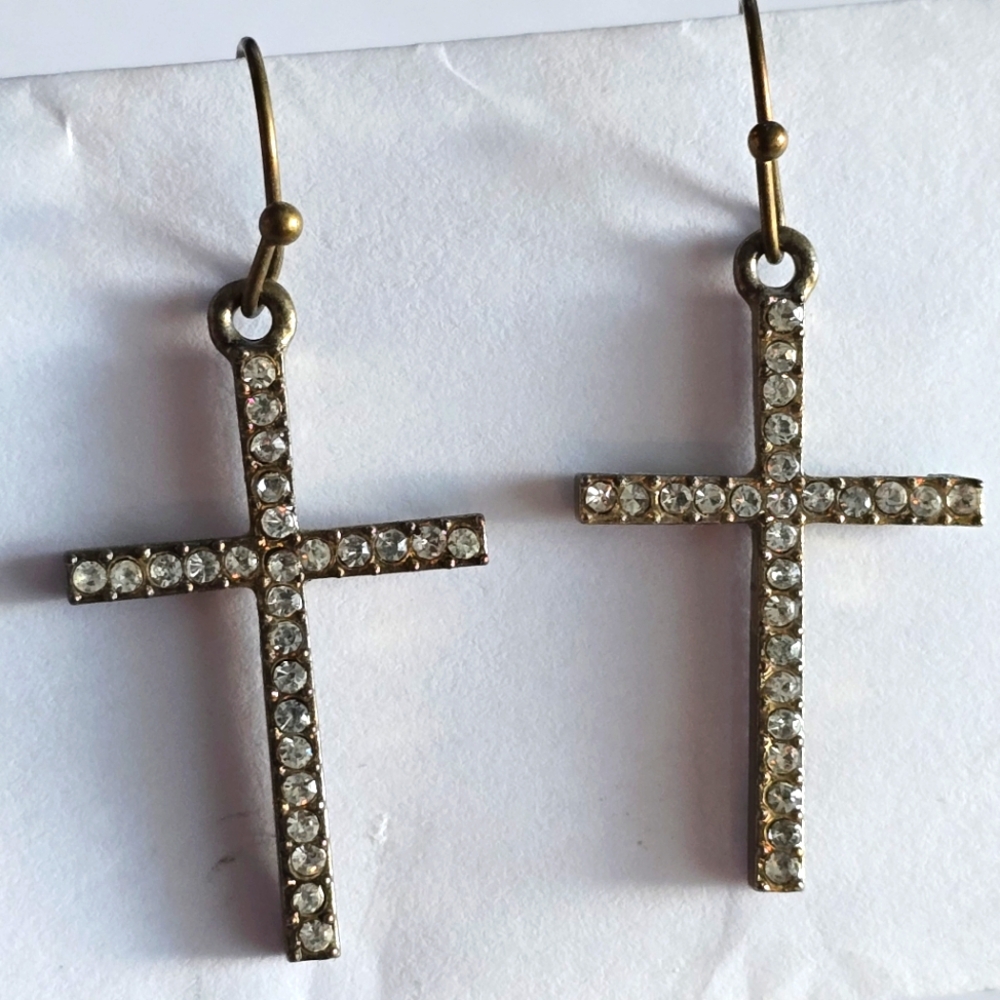 Cross earrings with clear rhinestones Antiqued gold tone metal